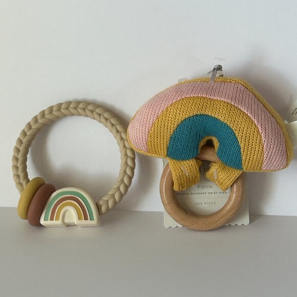 Itzy Ritzy and Cloud Island Rainbow Rattle Plush Baby Toy Teething Ring Lot Of 2 - Picture 1 of 15